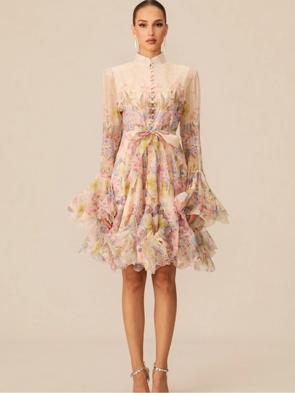Sunfere Lana Long Sleeve Chiffon Floral Mini Dress size Medium NEW $121
